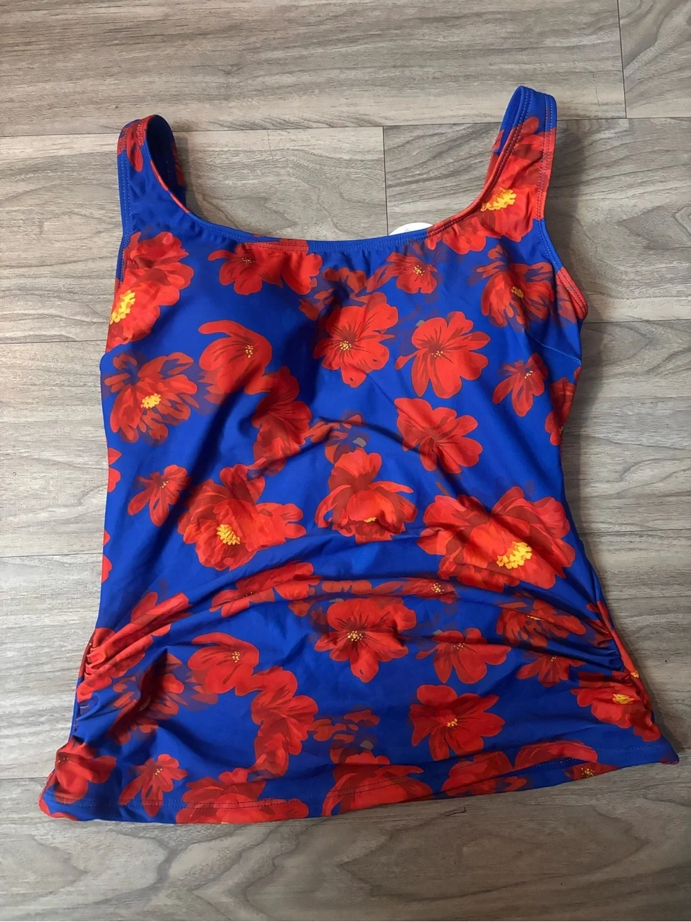 BreezyFit Women’s Blue Floral Tankini Top with Red Bloom Print